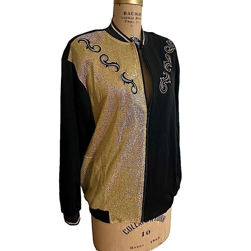Vtg Barrie Morgan Gold Lame and Black embroidered full zip cardigan size Large